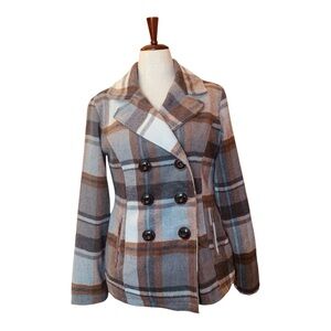 Attention Gray and Brown Plaid Double-Breasted Pea Coat Side Pockets Size Med